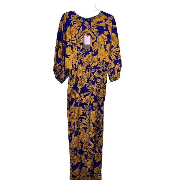 PrettyLittleThing Cobalt Tropical Print Batwing Split Leg Maxi Dress Sz 10 NWOT - Picture 4 of 11